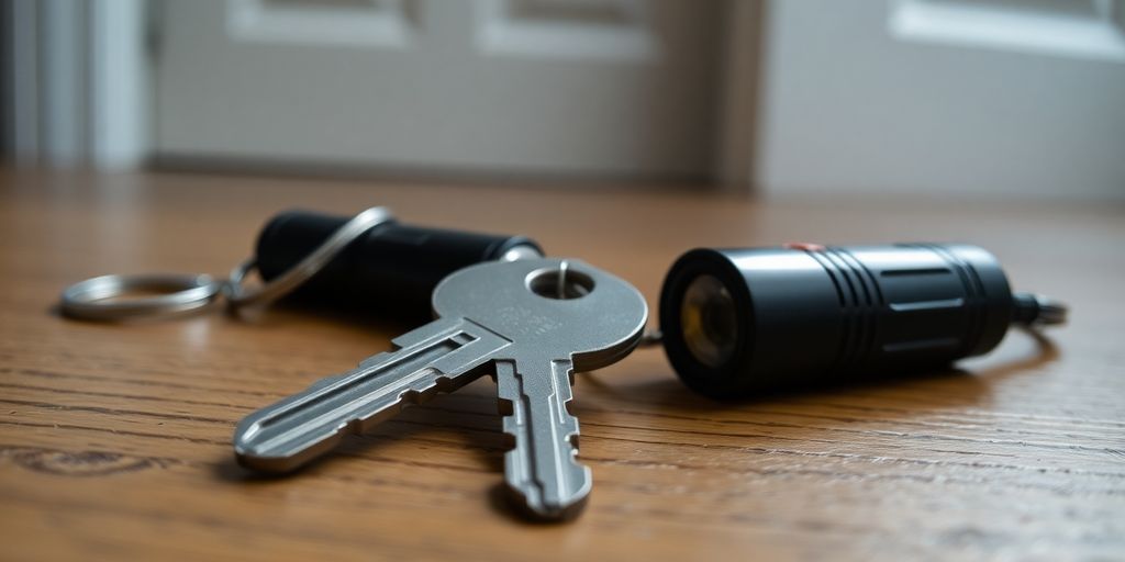 Verlorener Schlüssel auf Holzoberfläche mit Schlüsselanhänger.