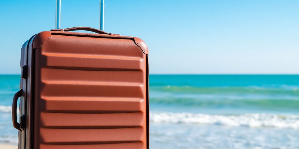 Reisegepäck am Strand mit blauem Himmel.