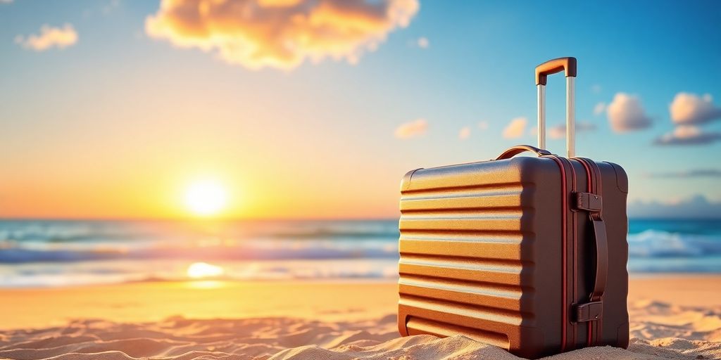 Koffer am Strand mit Sonnenuntergang im Hintergrund.