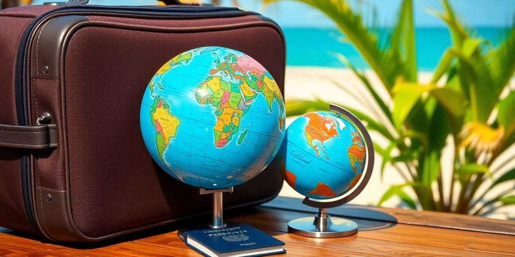 Reiseutensilien auf einem Tisch mit Strandhintergrund.