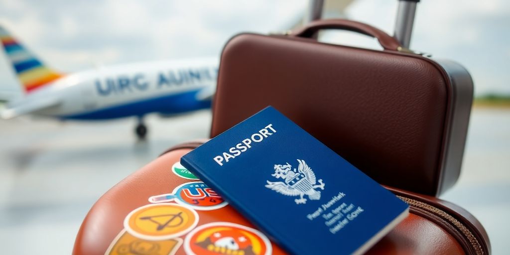 Reisekoffer mit Aufklebern und Reisepass.