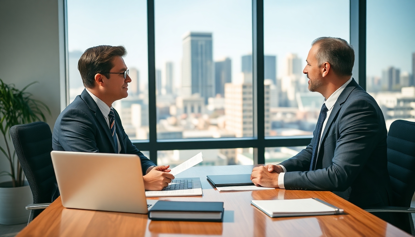 Insurance broker discussing earthquake coverage with a client.