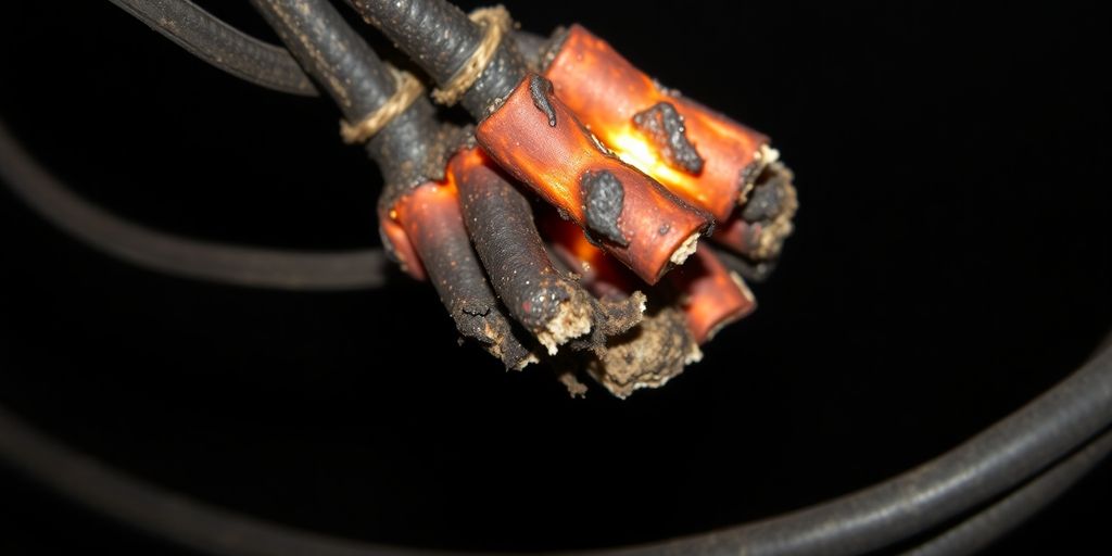 Beschädigte elektrische Drähte mit verbrannter Isolierung.