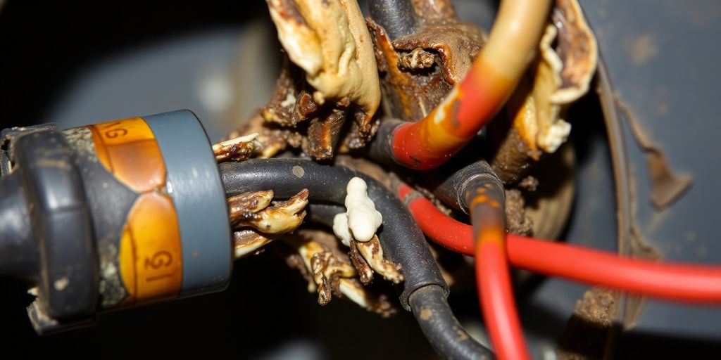 Beschädigte elektrische Schaltung mit verbrannten Drähten.