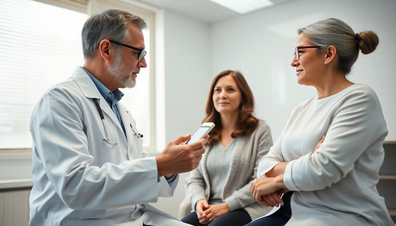 Konisation: Arzt und Patientin besprechen Befunde in heller Praxis.