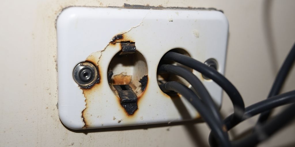 Beschädigte Steckdose mit Brandspuren und verkohlten Drähten.