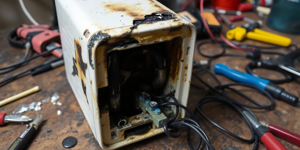 Beschädigtes elektrisches Gerät mit Brandspuren und Werkzeugen.