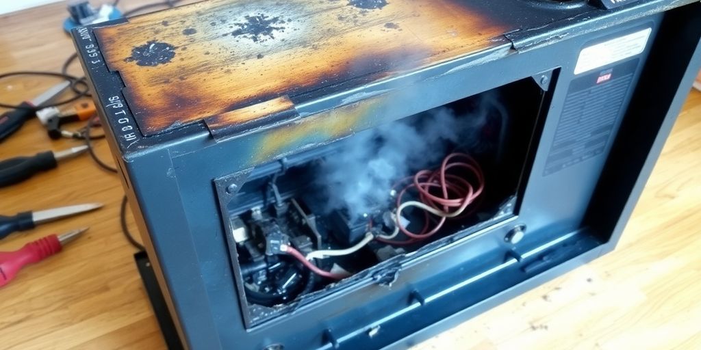 Beschädigtes elektrisches Gerät mit Brandspuren.