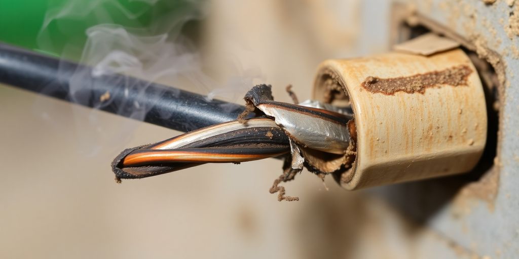Beschädigtes Kabel mit Brandspuren und Rauch.