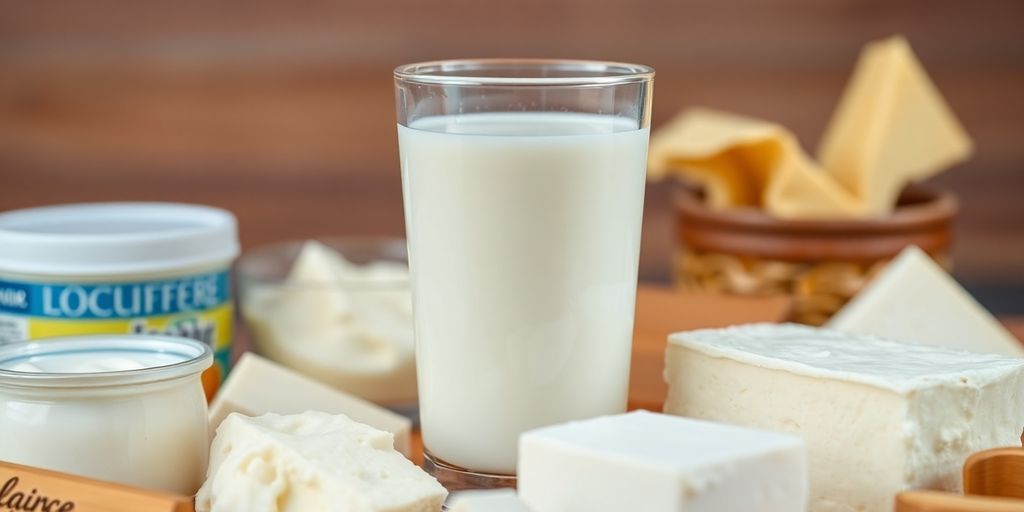 Nahaufnahme von Milchglas und laktosefreien Produkten