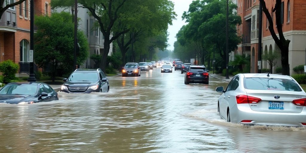 Überschwemmte Straße mit unter Wasser stehenden Autos.