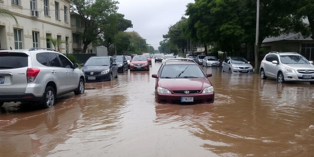Überschwemmte Straße mit Wasser und Trümmern.