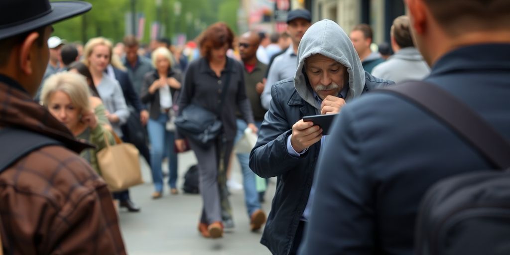 Menschenmenge mit Ablenkung durch einen Straßenkünstler.