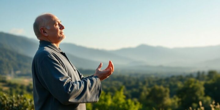 Älterer Mann praktiziert Qigong im Freien bei Sonnenaufgang.
