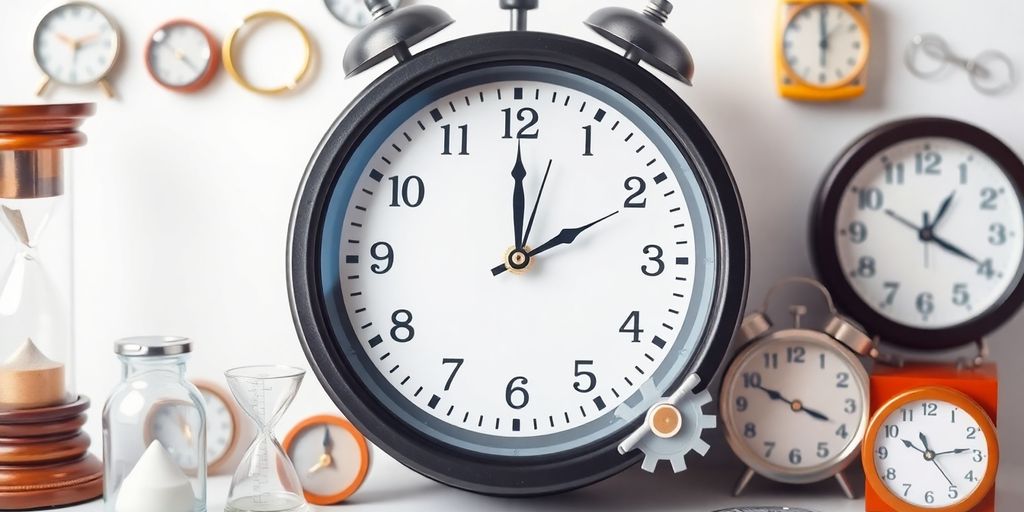 Uhr mit Zahnrädern und Zeitobjekten.