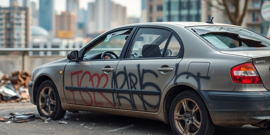 Beschädigtes Auto mit zerbrochenen Fenstern und Graffiti.