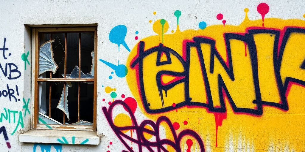 Bunte Graffiti an einer Wand mit zerbrochenem Fenster.