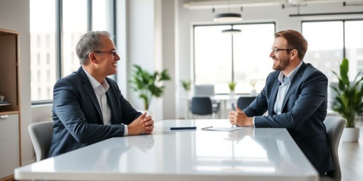 Berater und Klient sprechen in einem modernen Büro.