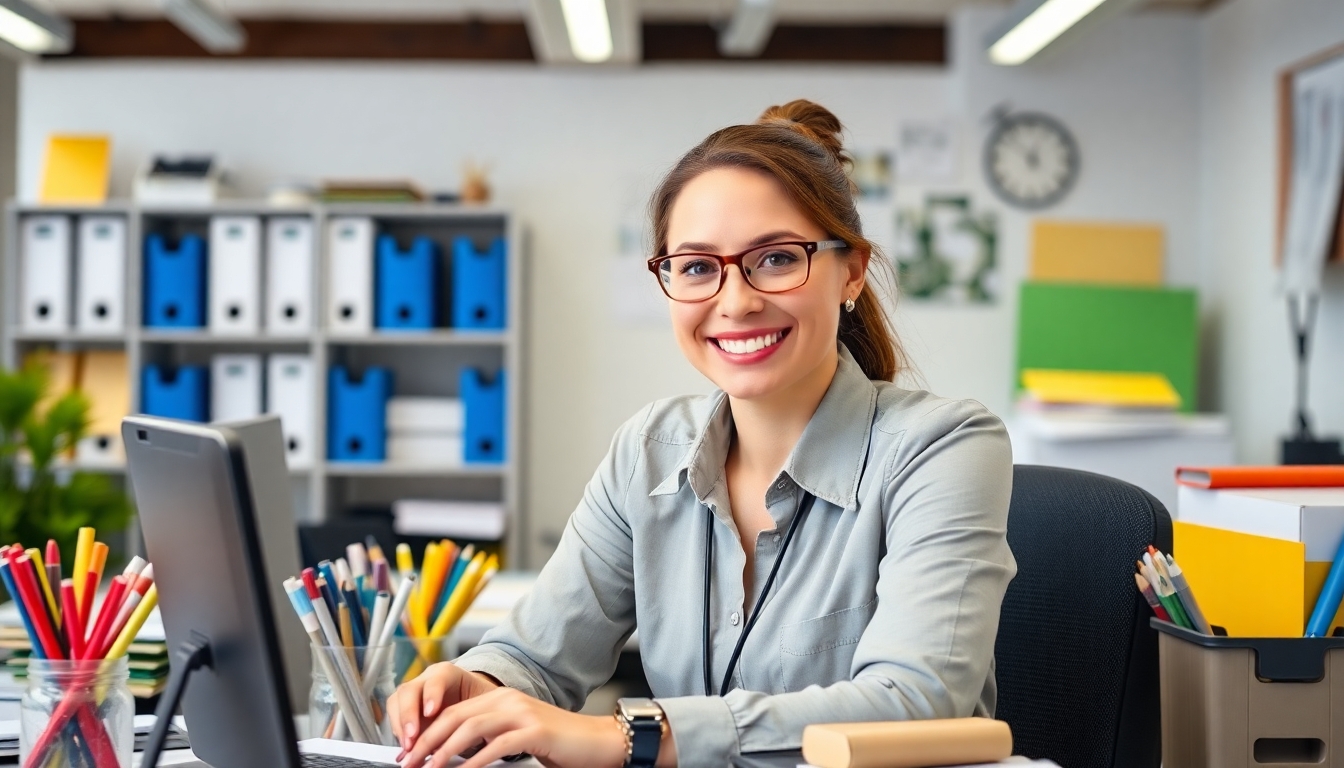 Smiling office worker with office supplies.