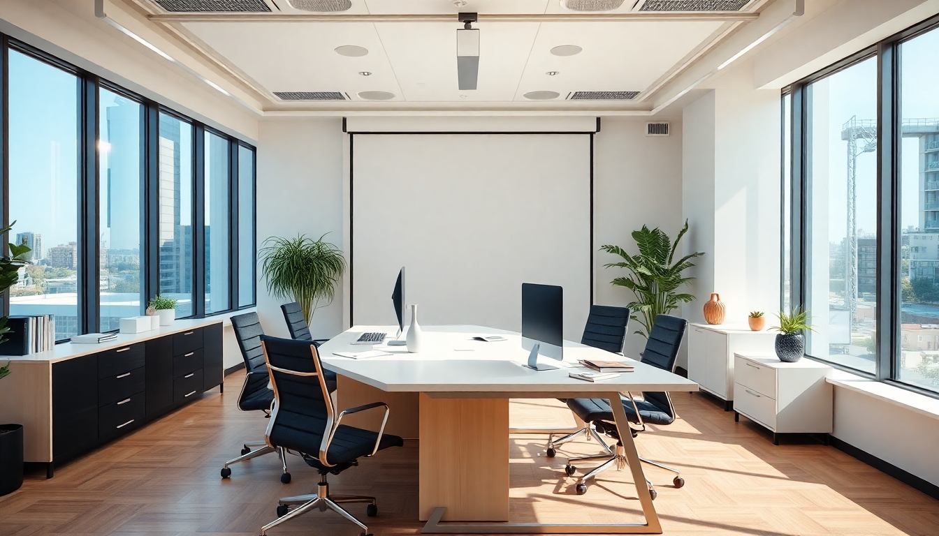 Modern desk in a bright office environment.