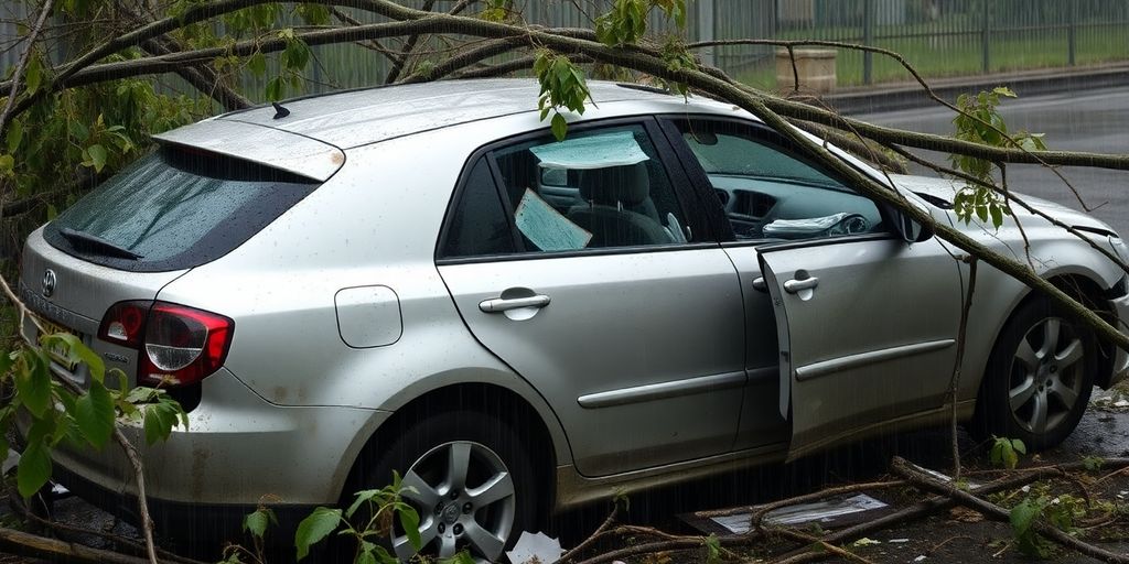 Beschädigtes Auto mit zerbrochenen Fenstern und Trümmern.