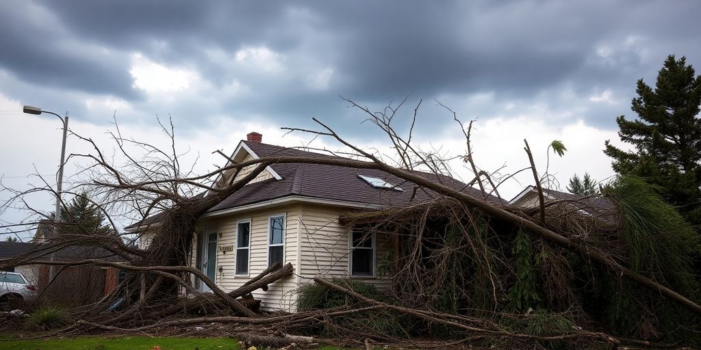 Sturmschaden an einem Haus mit Trümmern.
