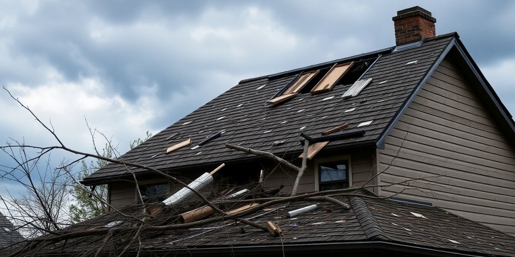 Beschädigtes Hausdach mit Trümmern und Ästen.