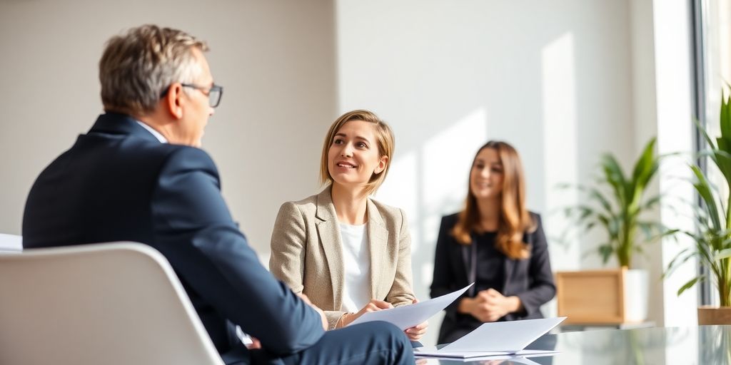 Berater und Klient besprechen Versicherung in hellem Büro.