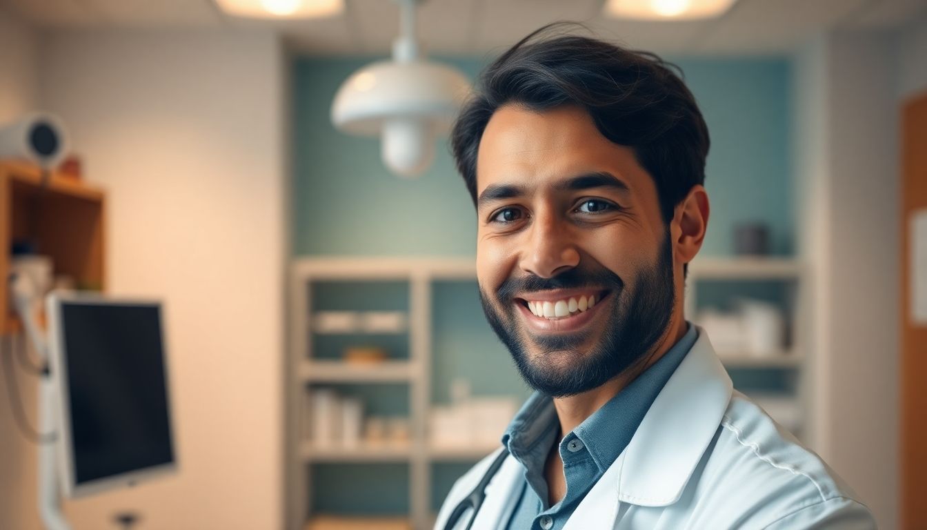 Atemübungen: A friendly doctor smiling in a bright, modern practice.