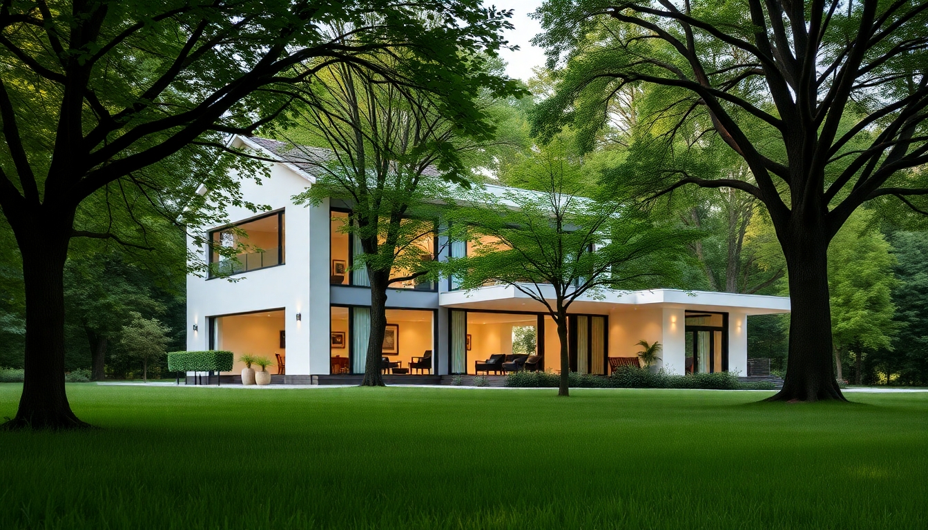 Modern house in green surroundings.