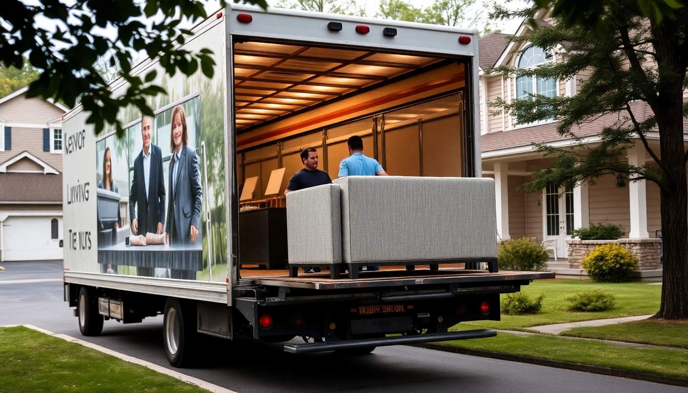 Moving truck loading furniture outside a house.