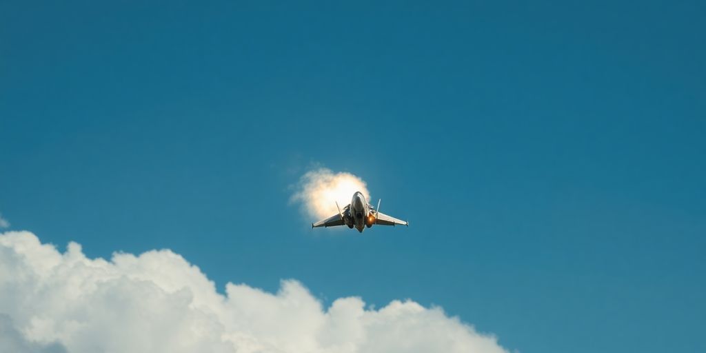Jet im Überschallflug mit Schockwelle.