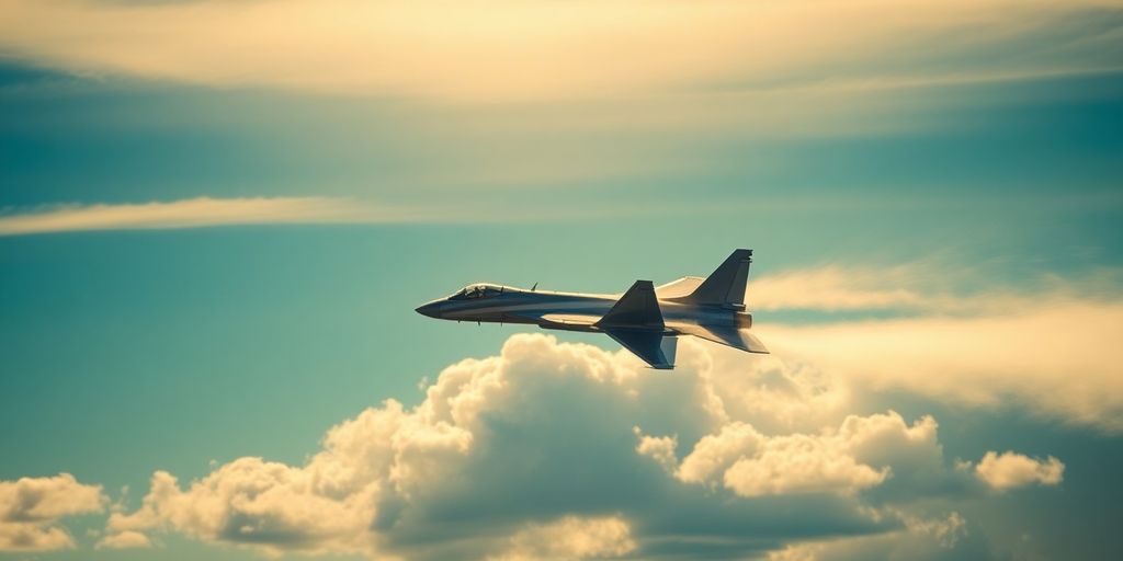 Jet im Überschallflug mit Schockwelle.