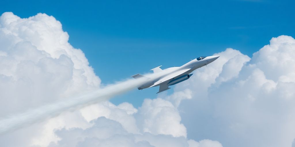 Jet im Überschallflug mit Schockwelle.