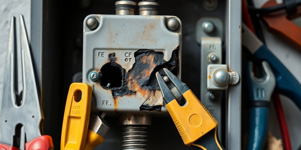 Beschädigtes elektrisches Gerät mit Brandspuren.