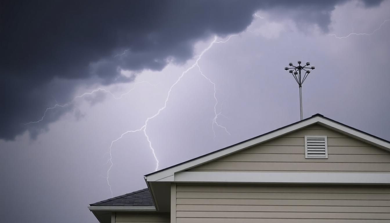 House with lightning rod during a thunderstorm.