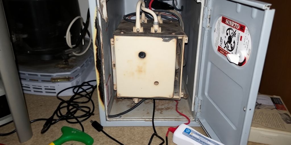 Beschädigtes elektrisches Gerät mit Brandspuren.