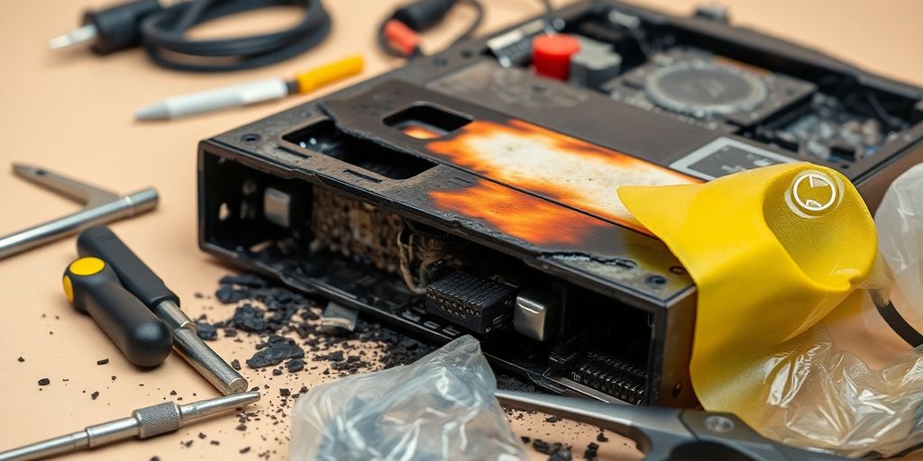 Beschädigtes elektronisches Gerät mit Brandspuren.