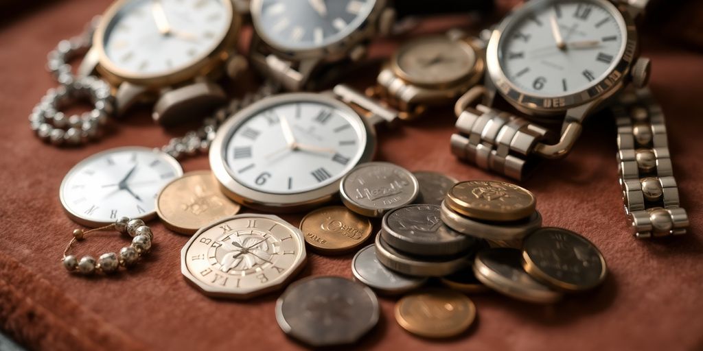 Nahaufnahme von Schmuck und Uhren auf Samt