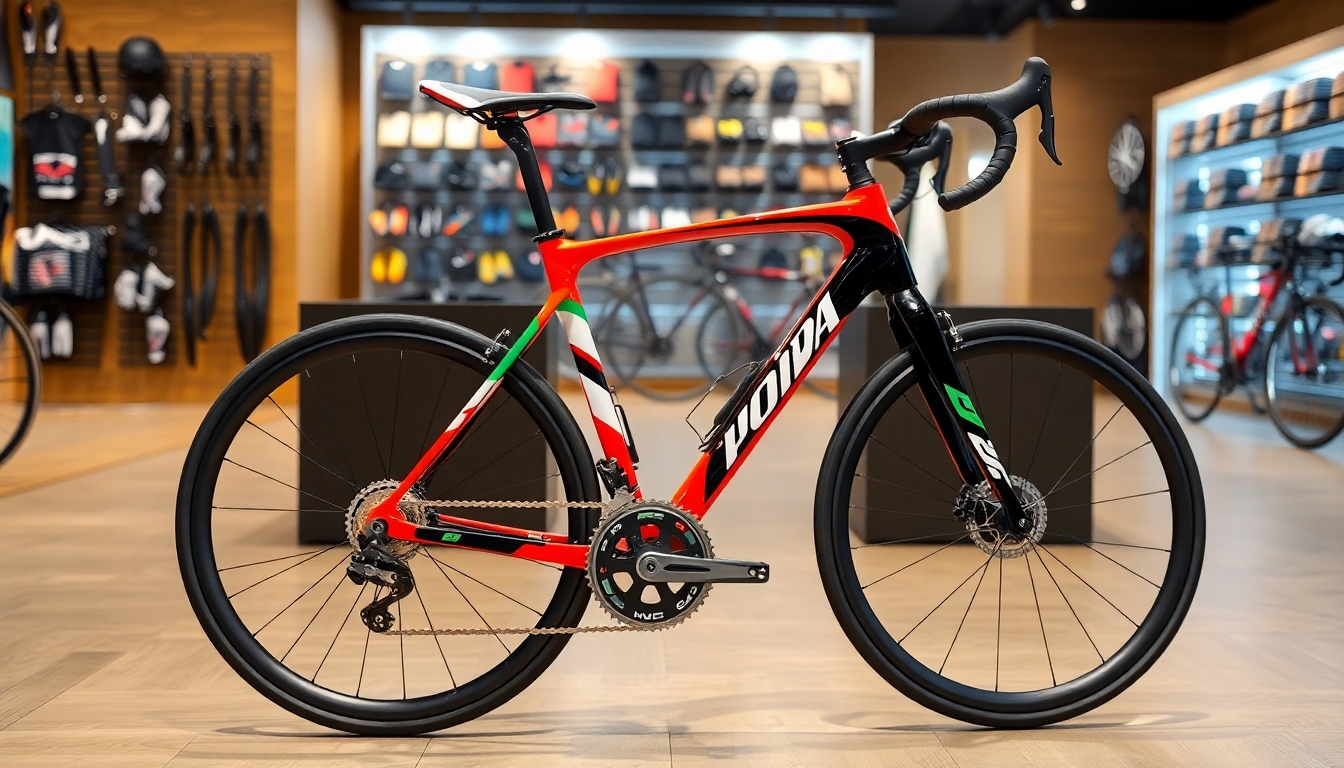 Expensive racing bike in a modern shop.