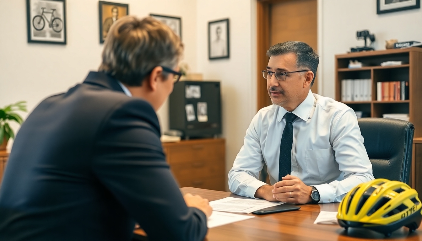 Insurance broker consulting a client about bicycle insurance.