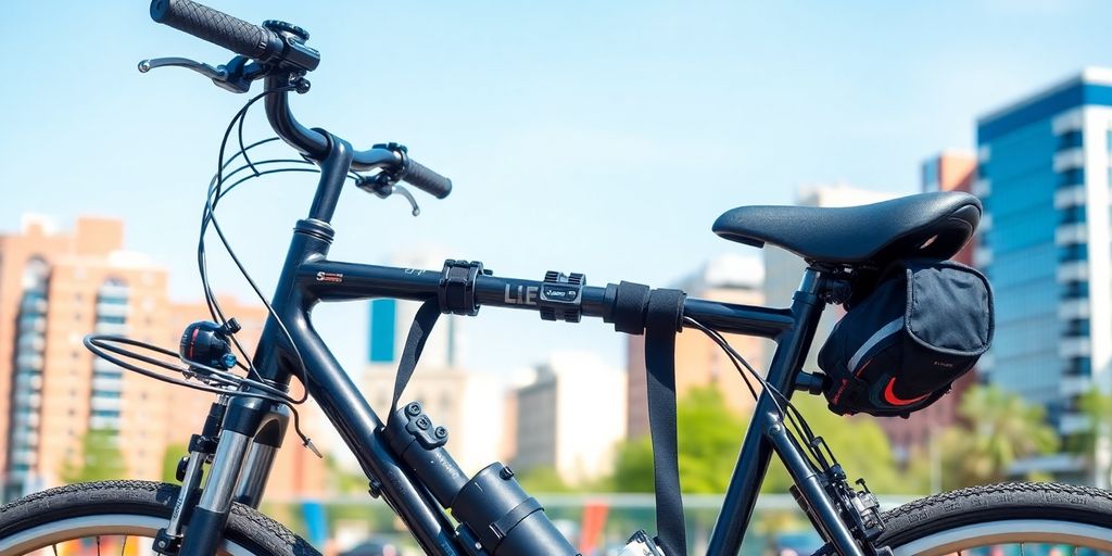 Ein Fahrrad mit Schloss vor urbaner Kulisse.