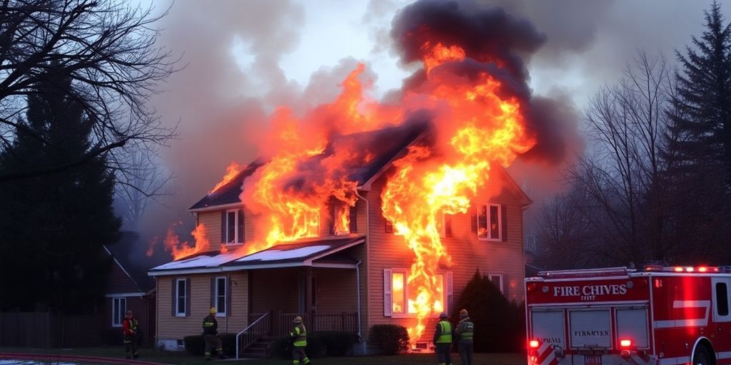 Brennendes Haus mit Feuerwehr im Einsatz.