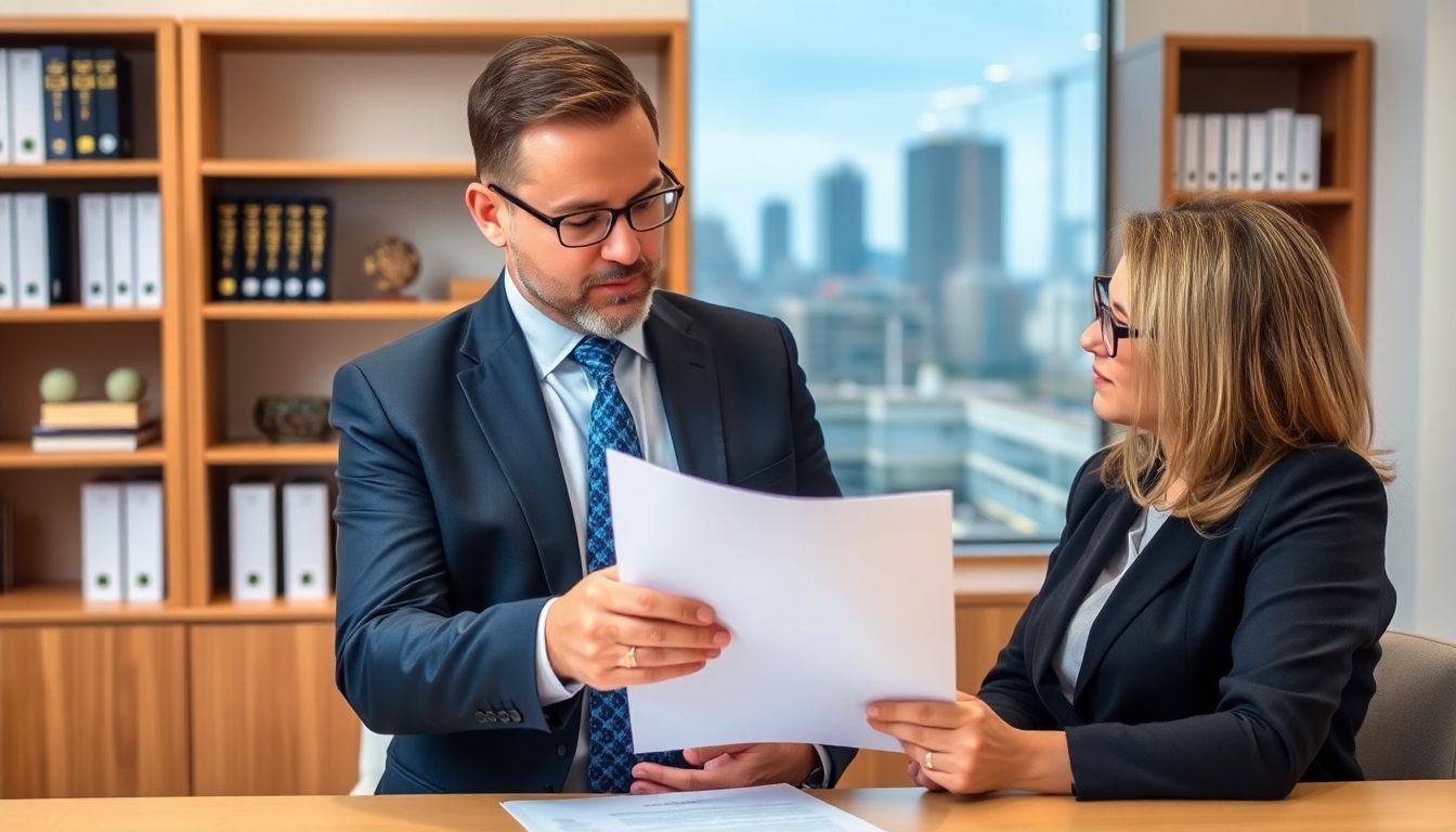 Insurance broker advising a client in an office.