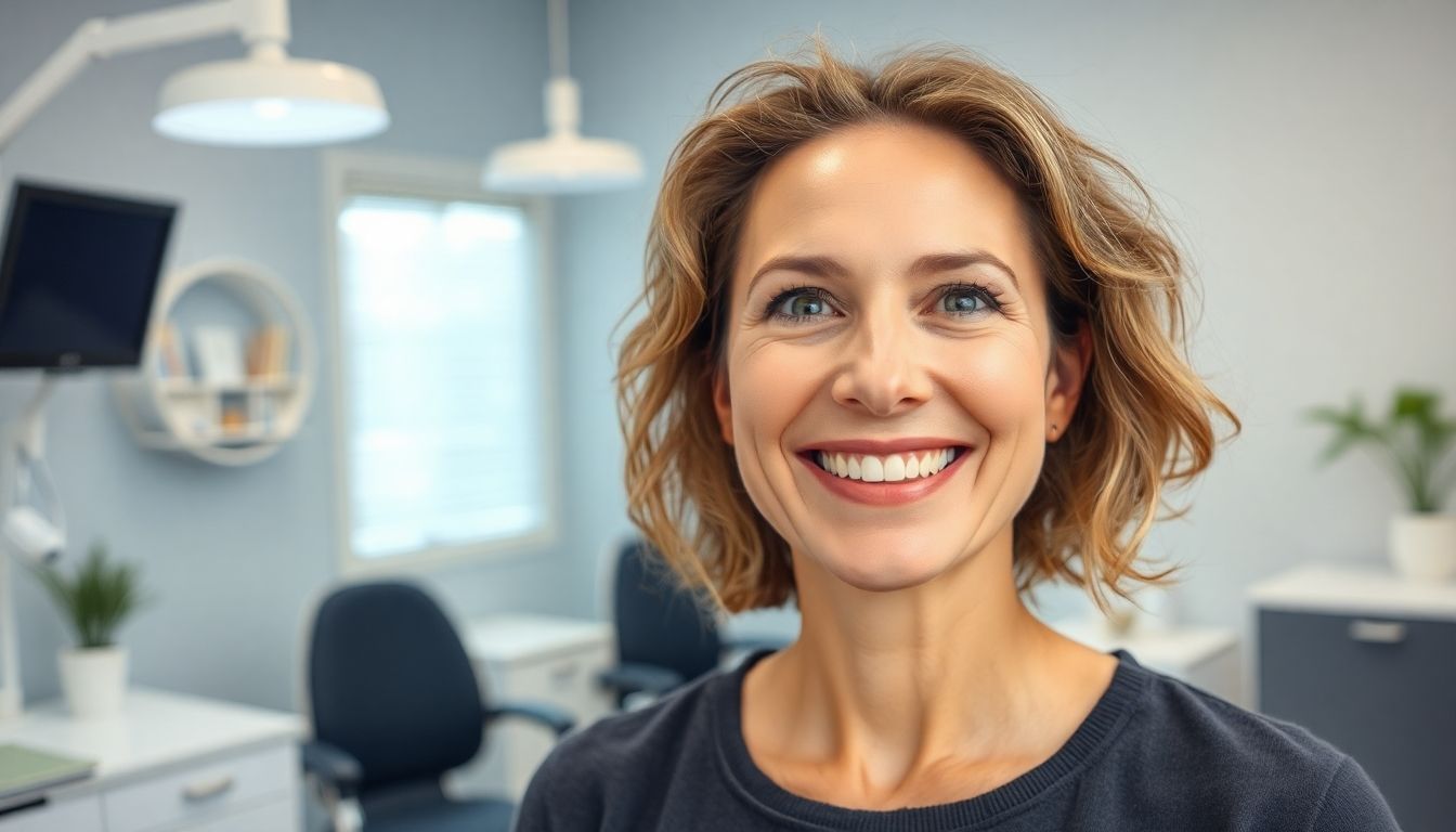 Michigan-Schiene: Frau mit strahlendem Lächeln in einer hellen Zahnarztpraxis.