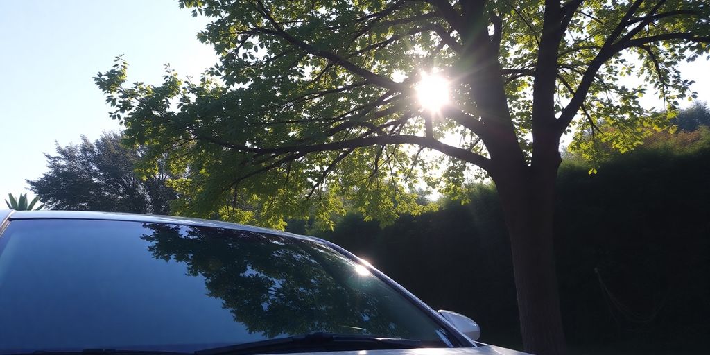 Ein Auto unter einem Baum, sonniger Himmel.