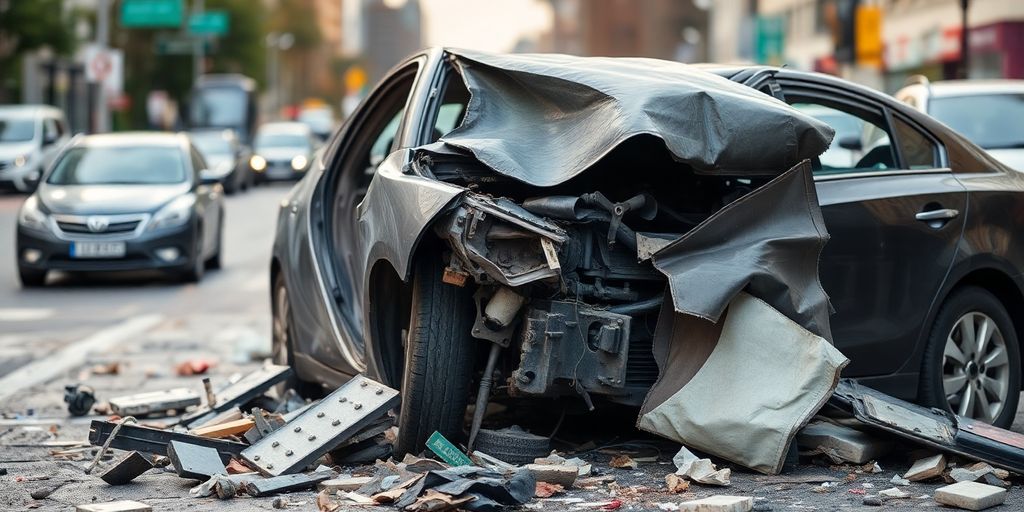 Ein beschädigtes Auto in einem Schuttfeld.