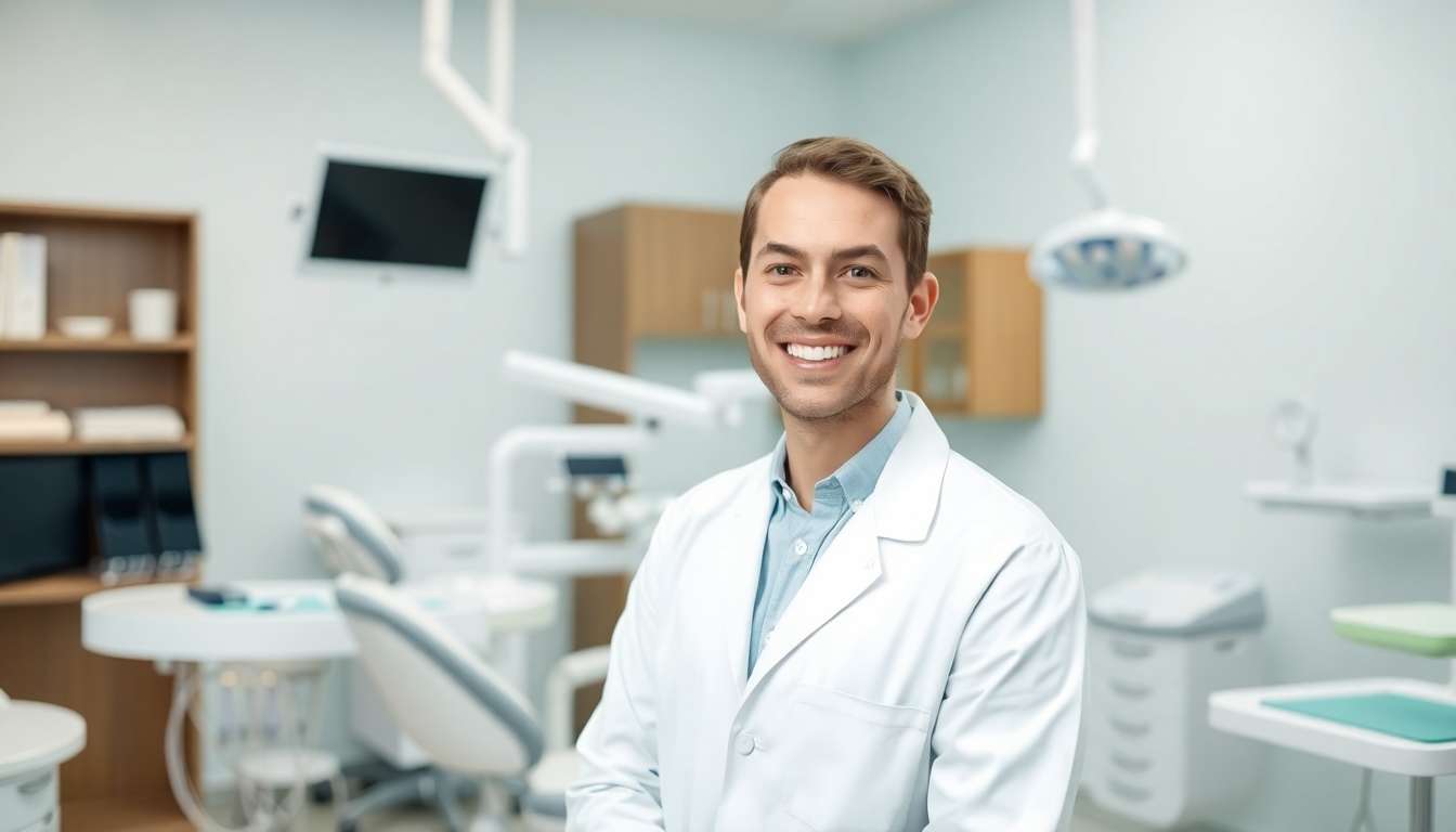Smiling dentist in a modern dental clinic.