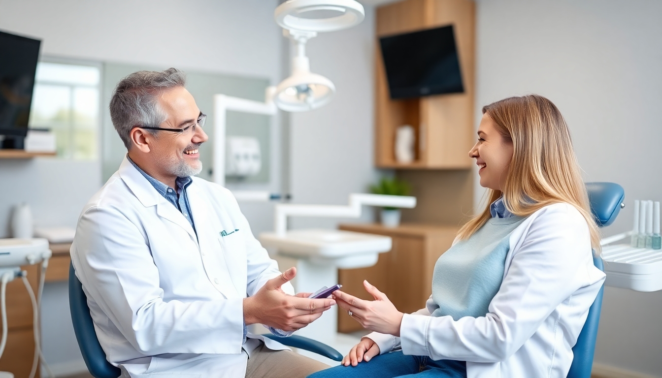 Dentist consulting with a patient in a dental office.