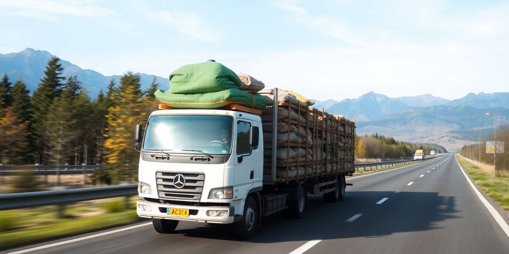 Lkw mit Waren auf der Autobahn zwischen Bäumen.